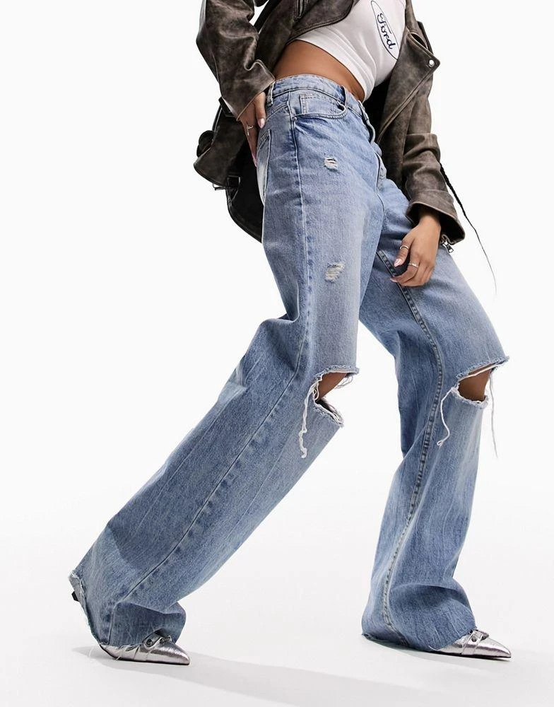 ASOS ASOS DESIGN wide leg dad jeans with rips in mid blue 4