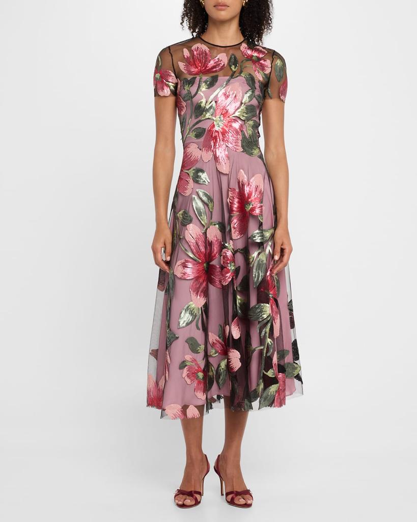 Naeem Khan Floral Matte Sequined Tulle Cap-Sleeve Cocktail Dress