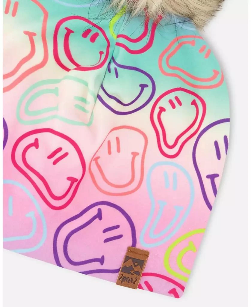 Deux par Deux Girl Stretch Jersey Hat Multicolored Printed Smileys with Pompom - Toddler|Child 5