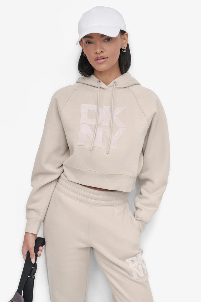 DKNY STACKED VELVET PLUSH EMBROIDERY LOGO HOODIE