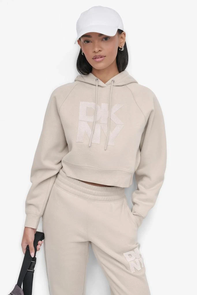 DKNY STACKED VELVET PLUSH EMBROIDERY LOGO HOODIE 1