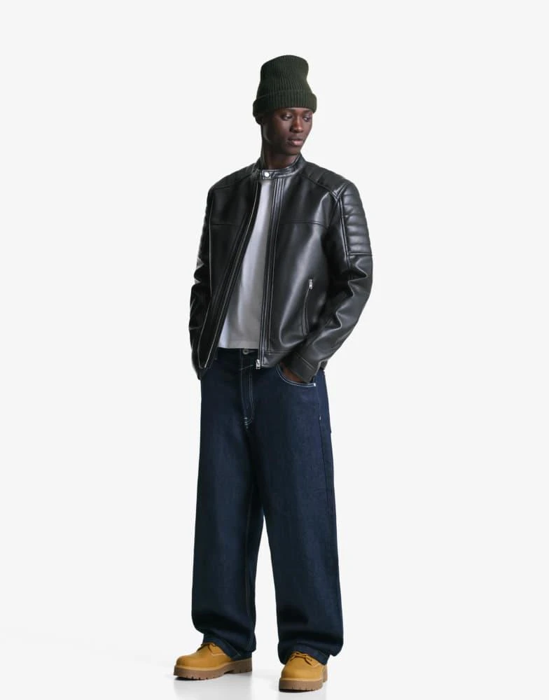 Bershka Bershka faux leather jacket in black 3