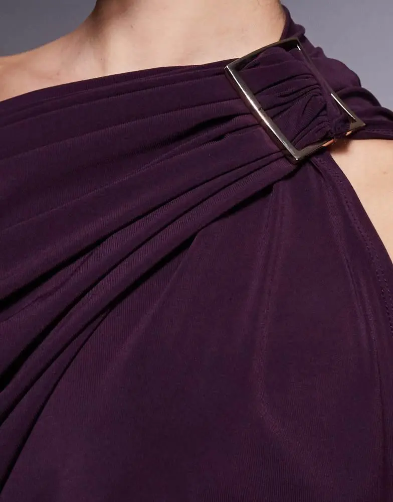 ASOS ASOS DESIGN draped one shoulder maxi dress with hammered trim in bright purple 3