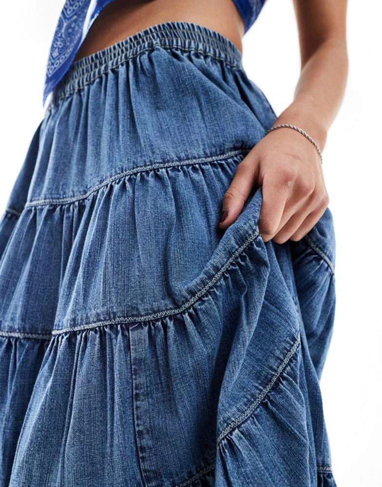 Free People Free People tiered chambray midi skirt in blue 2