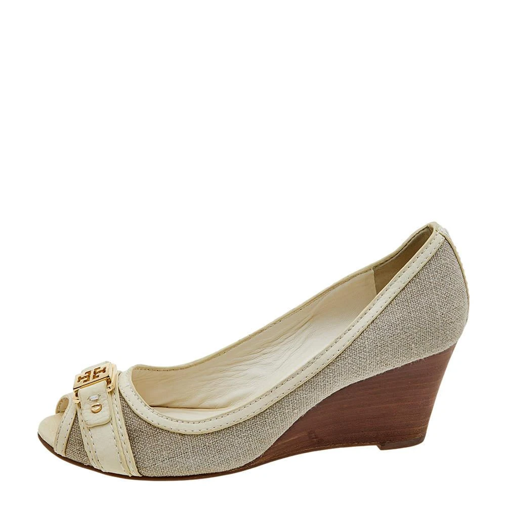 Tory Burch Tory Burch Grey/Cream Canvas And Leather Wedge Peep Toe Pumps Size 37.5 2