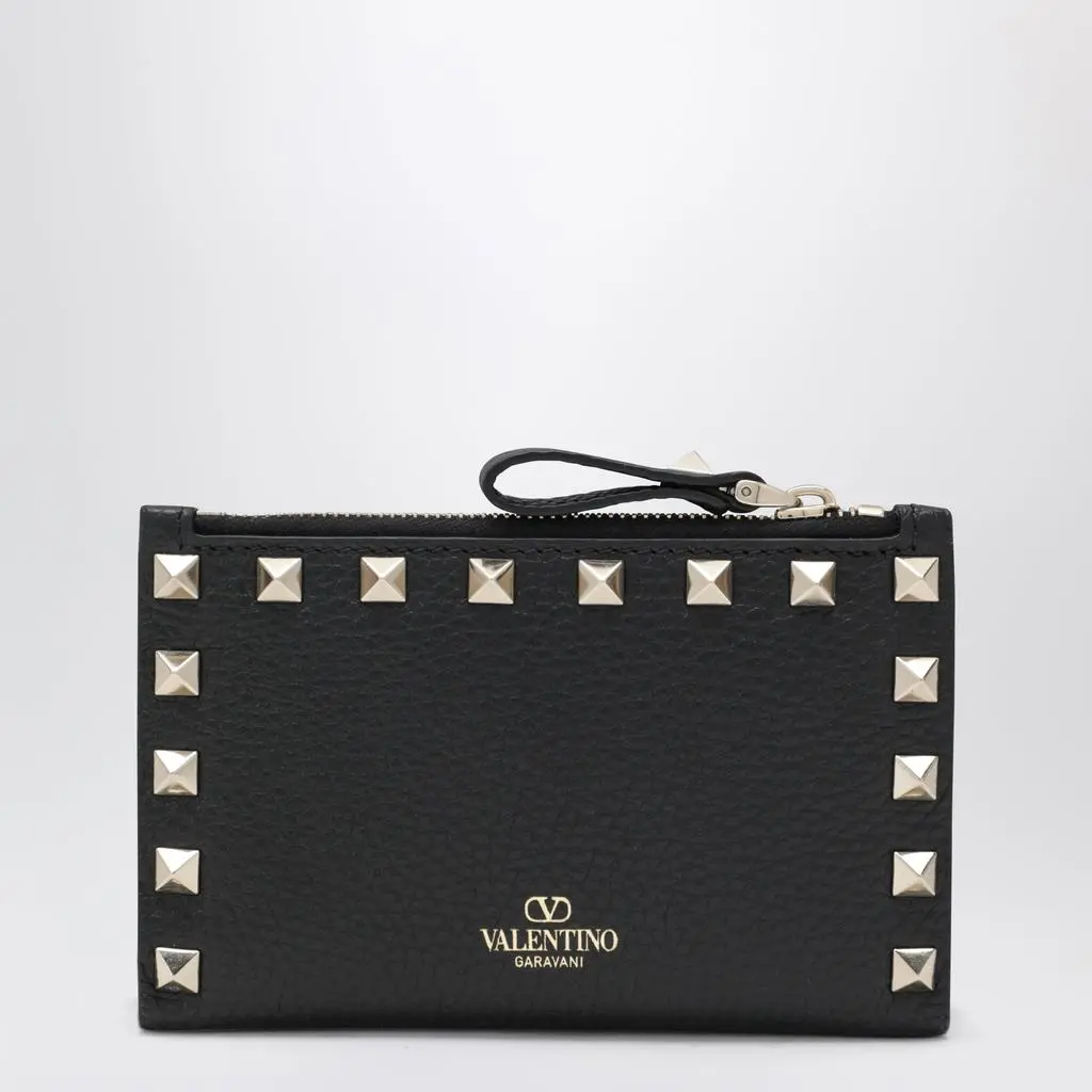 Valentino Black Leather Rockstud Zip Card Holder