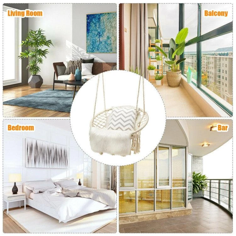 Hivvago Hanging Macrame Hammock Chair with Handwoven Cotton Backrest-Natural 4