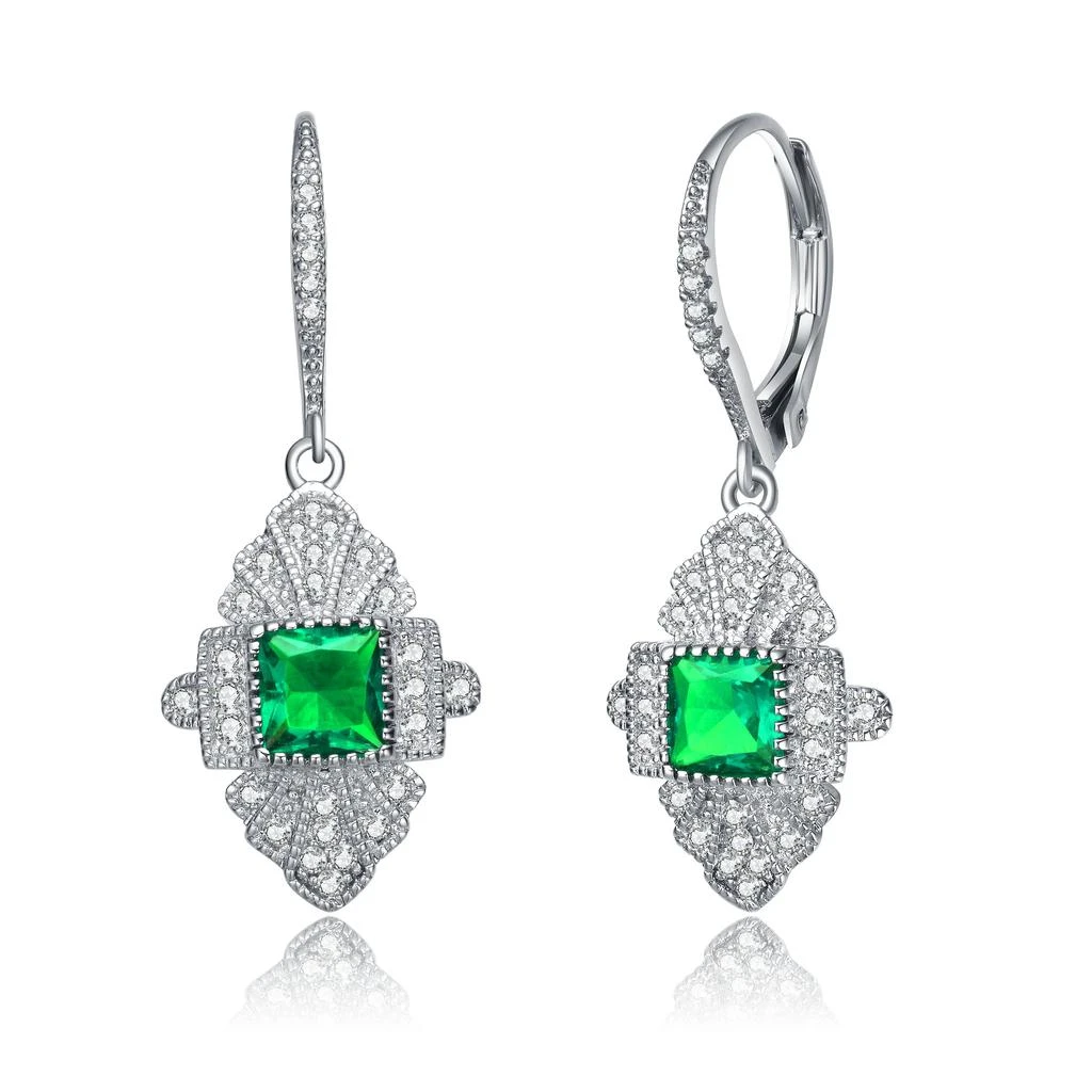 Genevive GENEVIVE Sterling Silver Emerald Cubic Zirconia Pave Drop Earrings 1