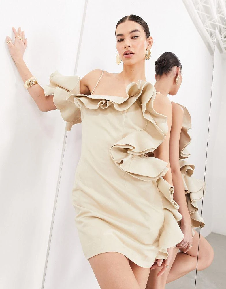 ASOS ASOS EDITION premium structured raw edge ruffle bandeau mini dress in taupe 1