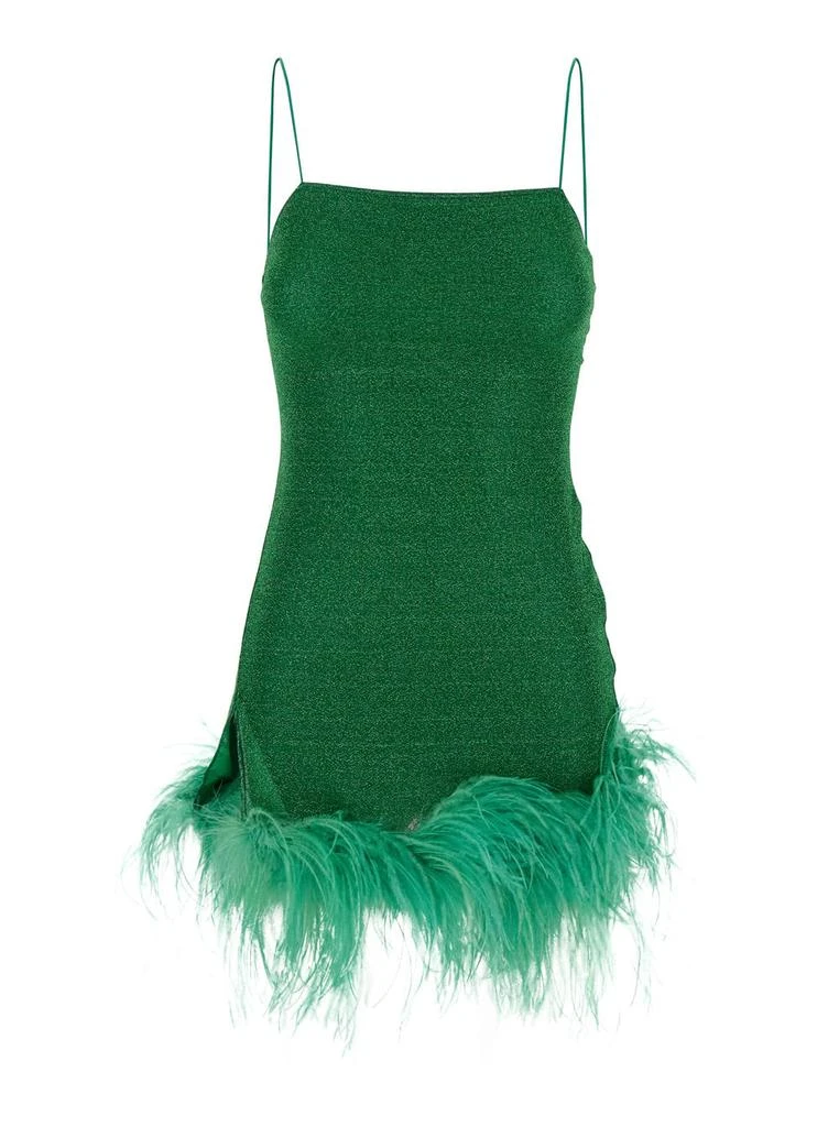 OSEREE lumiere Plumage Green Sleeveless Slip Dress With Tonal Feathered Hem In Tech Fabric Stretch Woman 1