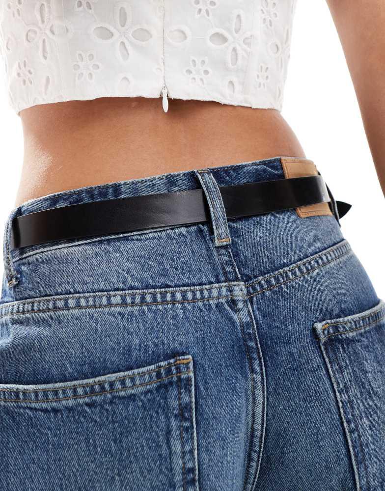 & Other Stories & Other Stories small leather mid waist belt with circle gold buckle in black