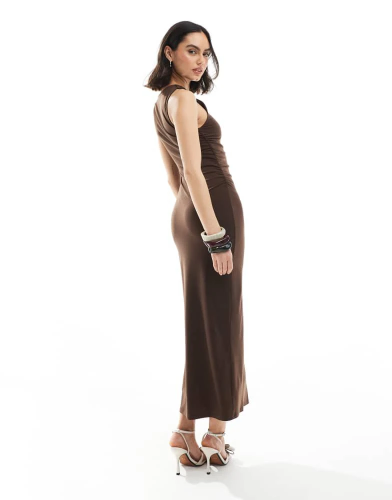 Pull&Bear Pull&Bear knot shoulder detail maxi dress in brown 2