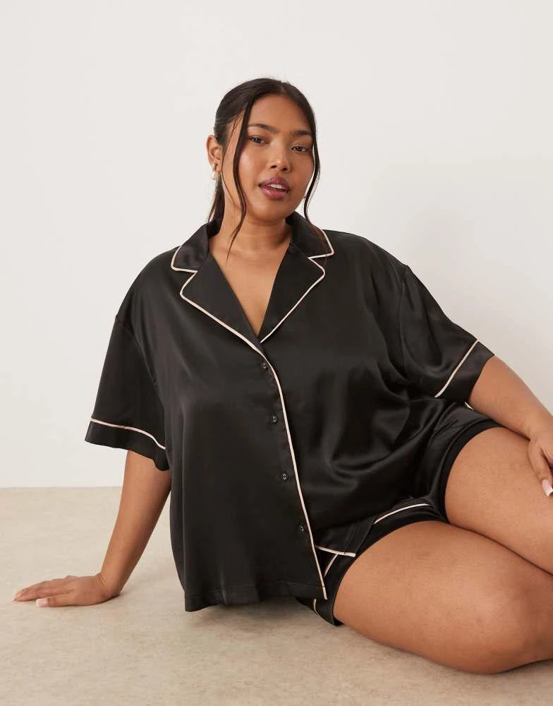 ASOS ASOS DESIGN Curve oversized satin short sleeve shirt and short pyjama set in black