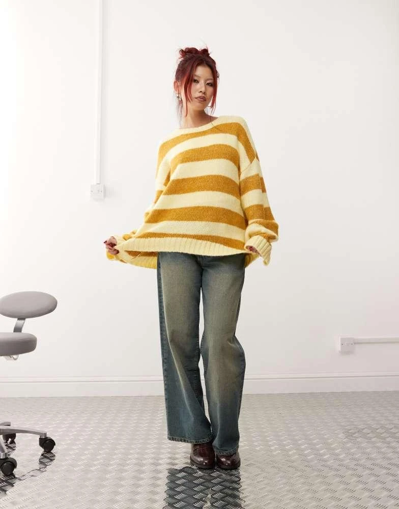 Monki Monki crew neck knitted sweater in yellow stripe 1