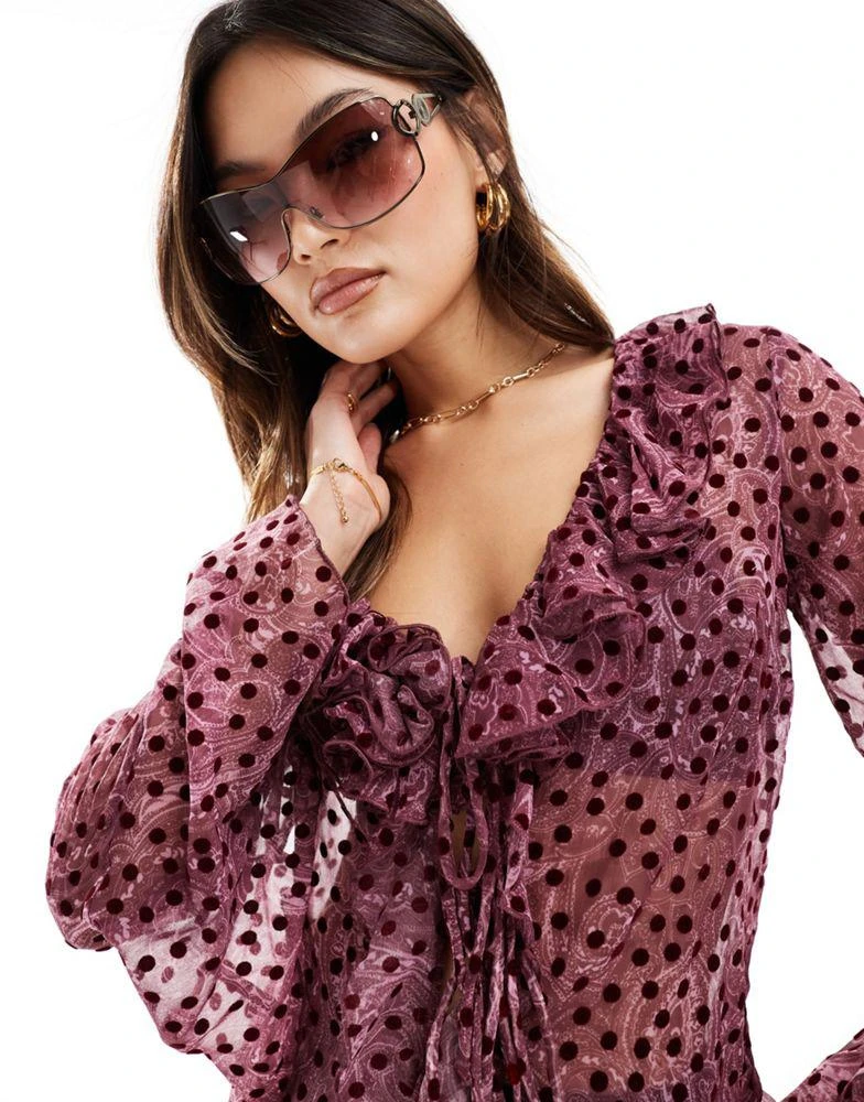 River Island River Island corsage detail frill blouse in dark purple 3