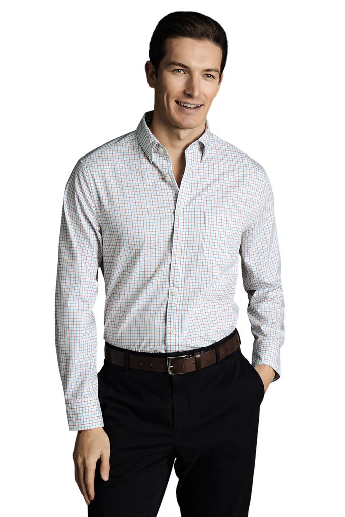 Charles Tyrwhitt Men's Slim Fit Button-Down Collar Non-Iron Stretch Poplin Check Shirt