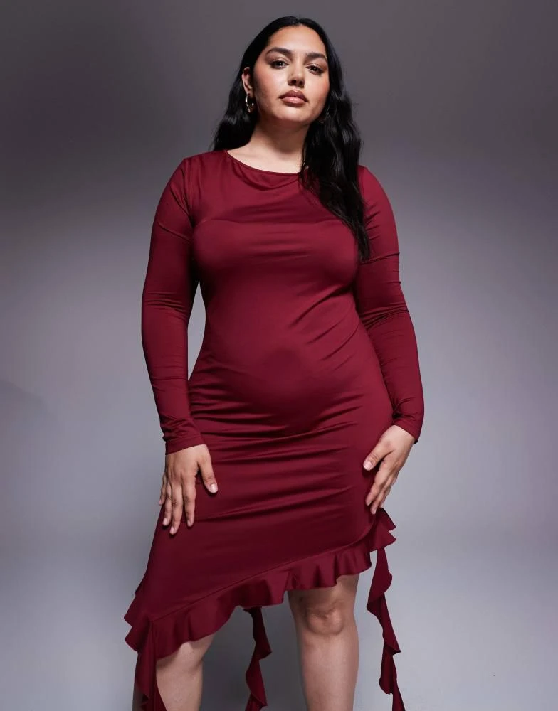 Shop Renee Studio double sculpted slinky long sleeve asymmetric frill hem  drape detail mini dress in burgundy on Sale at BeyondStyle  Get 75% Off  Renee Studio double sculpted slinky long sleeve
