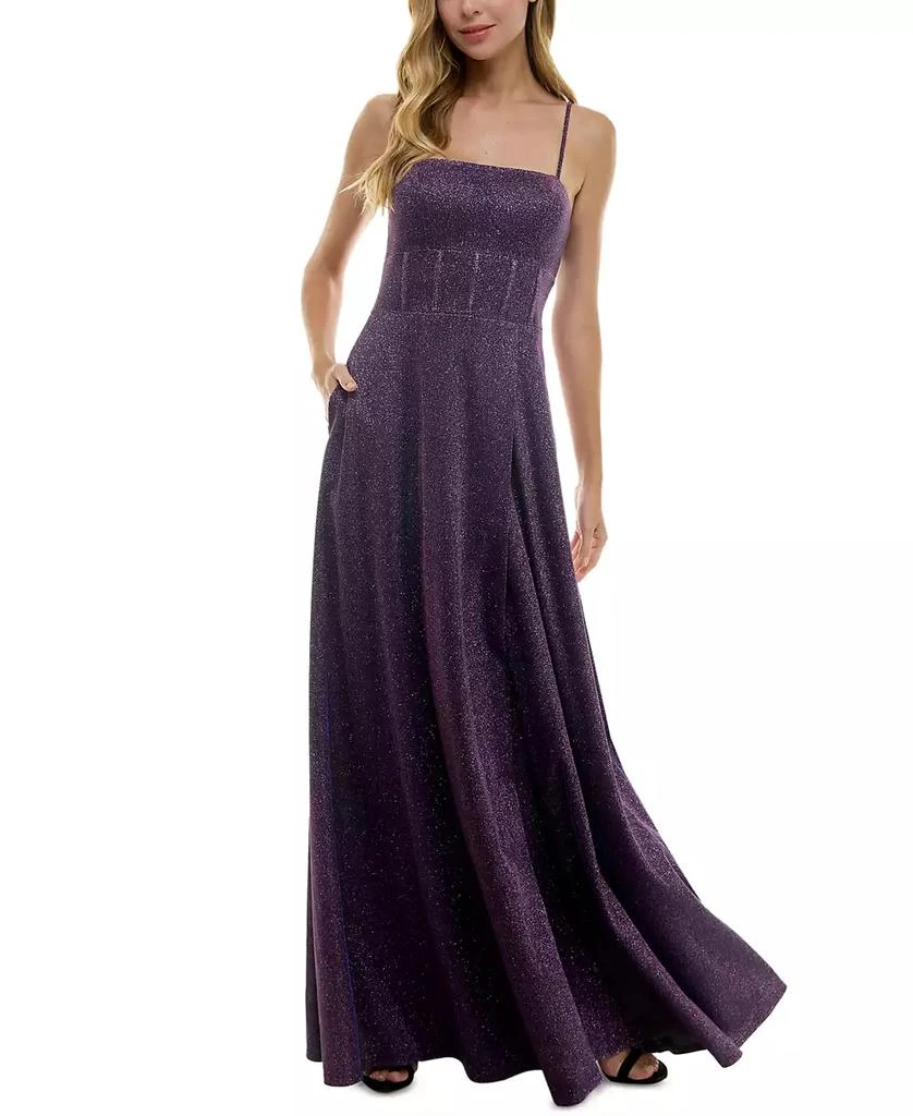 City Studios Juniors' Square-Neck Sleeveless Glitter Gown 1