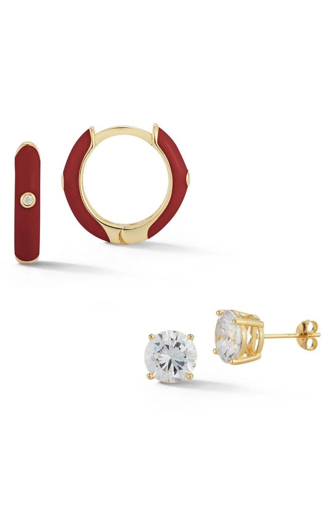 Sphera Milano 14K Yellow Gold Vermeil Enamel Huggie & Round CZ Stud Earrings Set