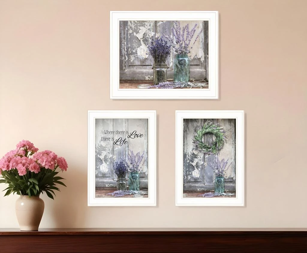 Hivvago Set Of Three Love Life And Lavender White Framed Print Wall Art