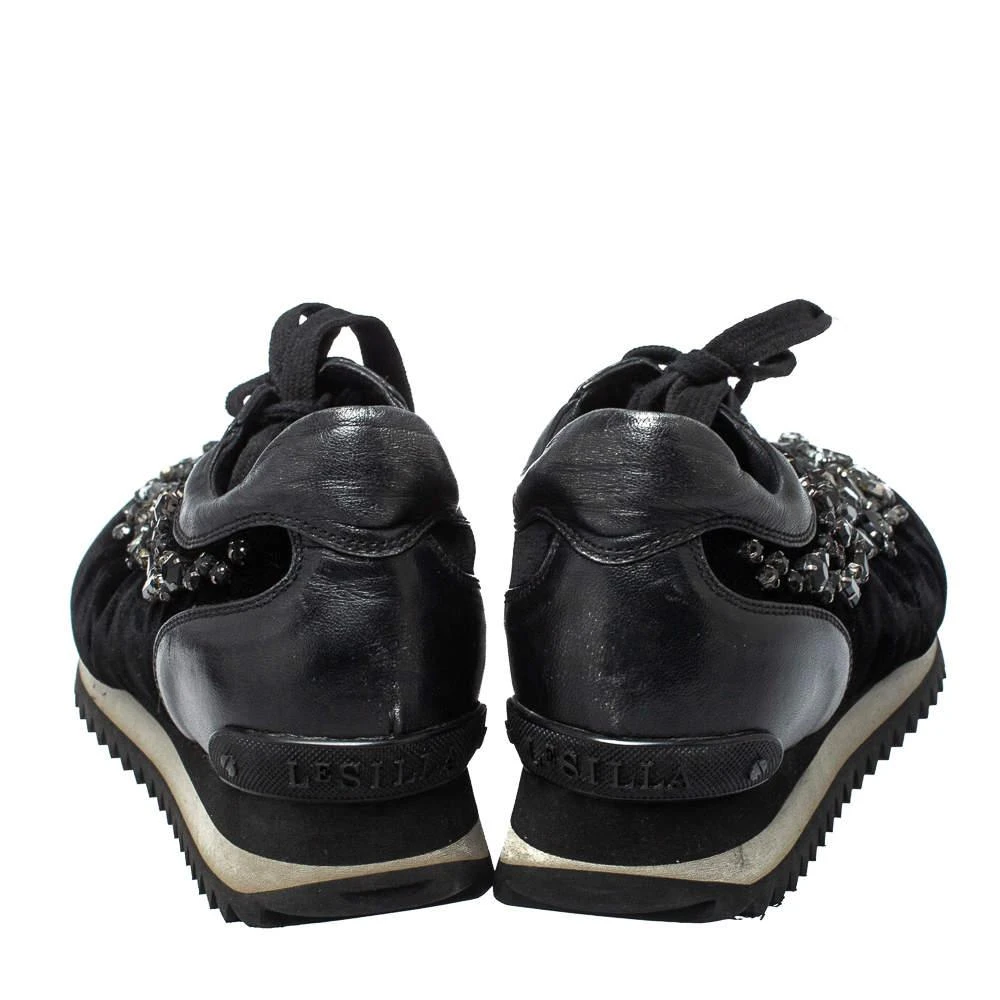 LE SILLA Le Silla Black Velvet and Leather Crystal Embellished Low Top  Sneakers Size 36.5 5