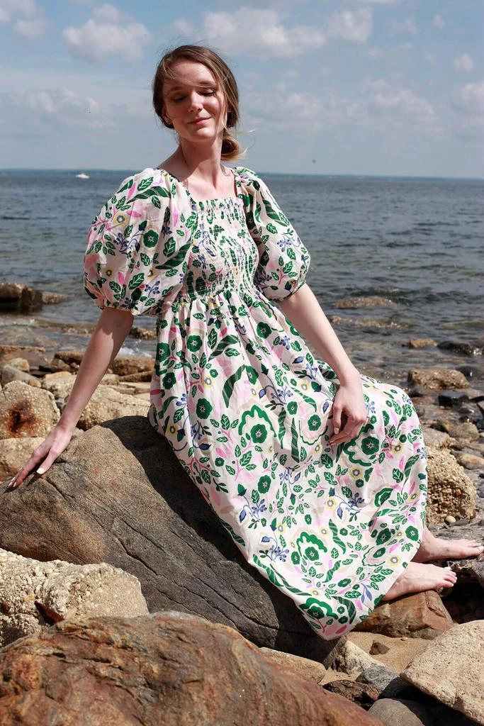 Jessie Zhao Emerald Smocked Cotton Silk Dress 4