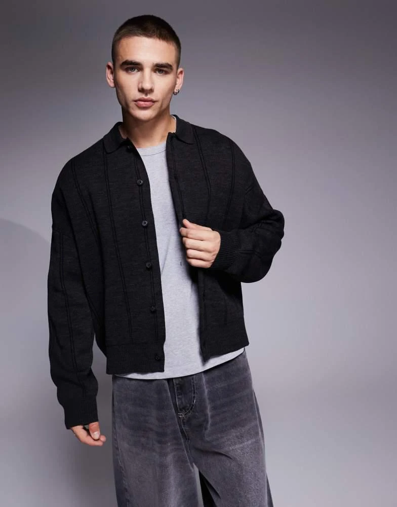 ASOS ASOS DESIGN oversized boxy fit knitted polo jumper with stripe in charcoal marl 1