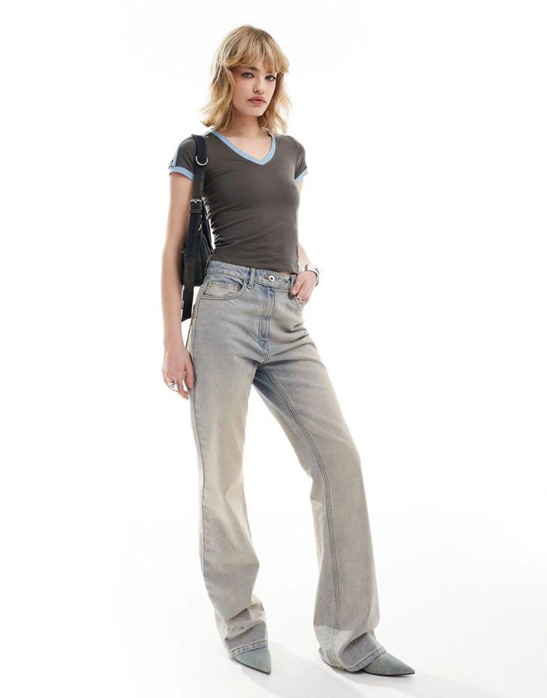 Motel Motel izolde ringer v-neck t-shirt in grey and blue 2