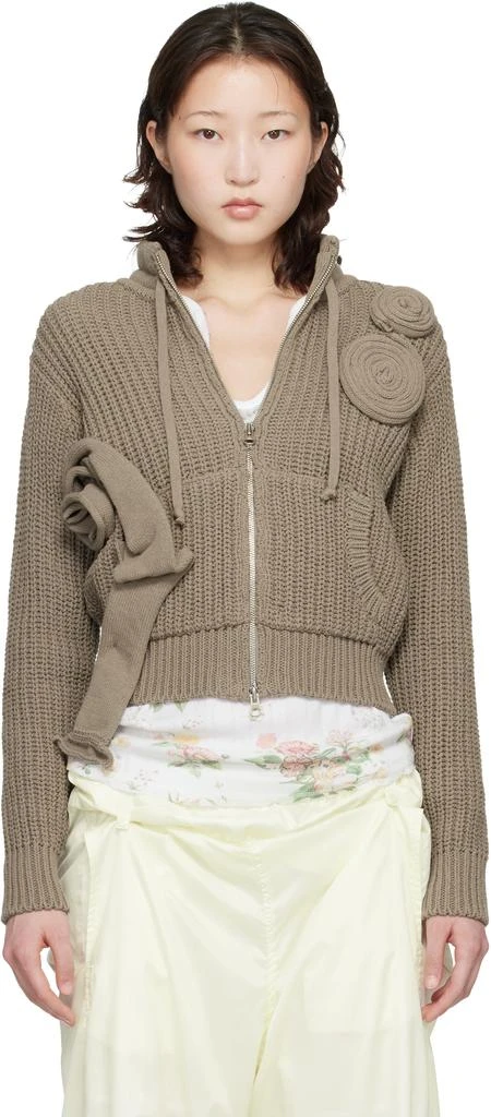 OPEN YY Taupe Applique Knit Zipup Sweater
