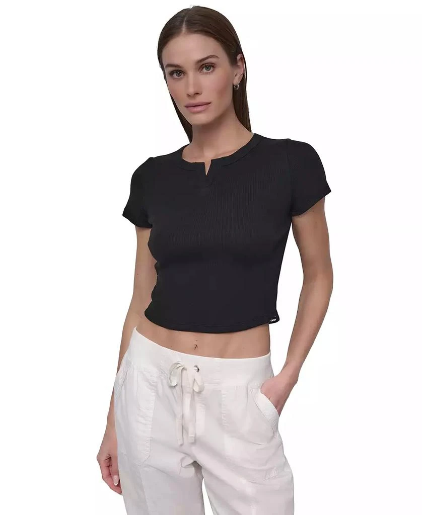 DKNY Sport Women's Ribbed Notched-Neck Cropped T-Shirt 1