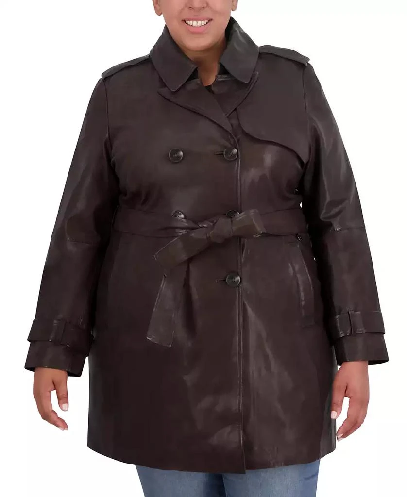 Tahari Womens Plus Size Natalie Belted Leather Trench Coat 1
