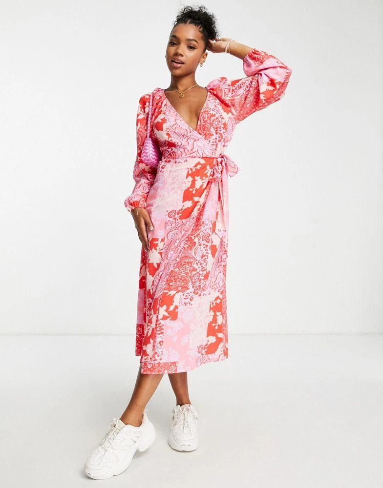 ASOS DESIGN ASOS DESIGN wrap belted midi dress in lilac and red patchwork print 1