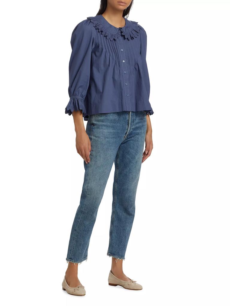 DÔEN Hickory Cotton Poplin Ruffled-Sleeve Top