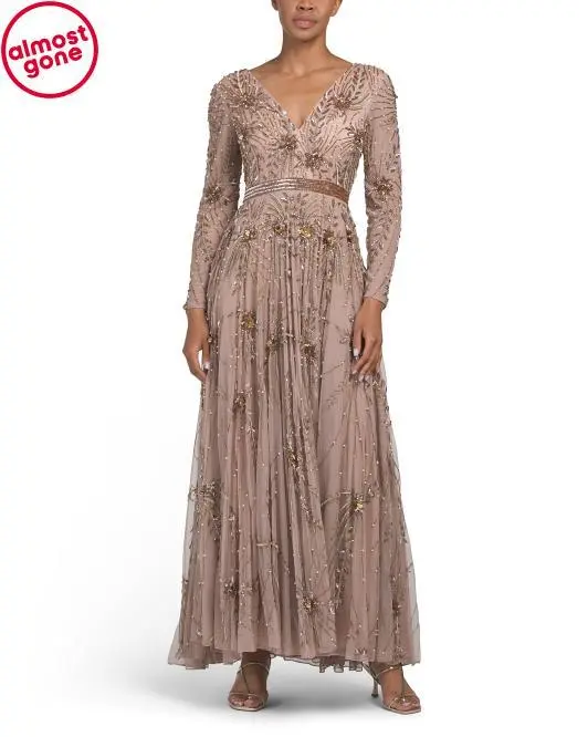 Mac Duggal Long Sleeve 3d Floral Gown