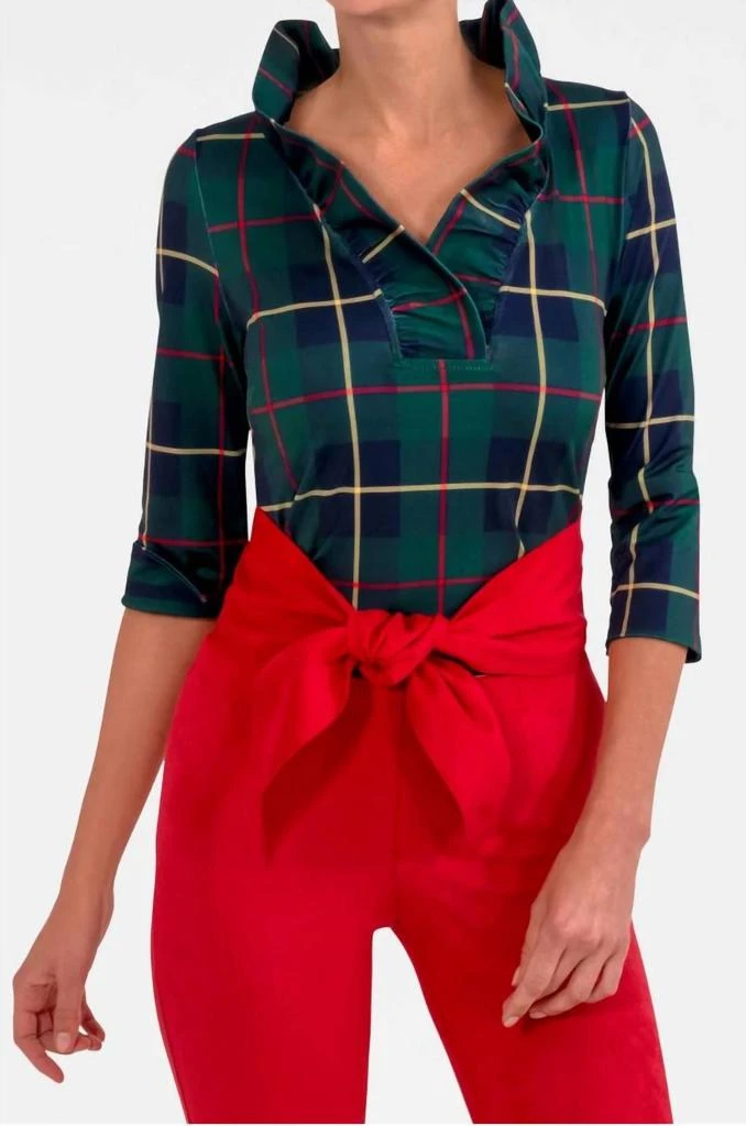 GRETCHEN SCOTT Stand Up Ruffle Neck Top In Green Plaidly Cooper 1