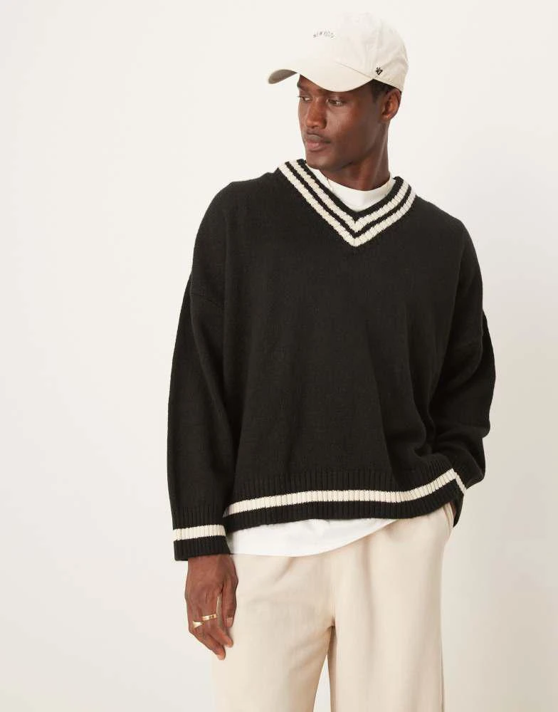 ASOS ASOS DESIGN super oversized boxy fit knitted v neck jumper with tipping in black 1