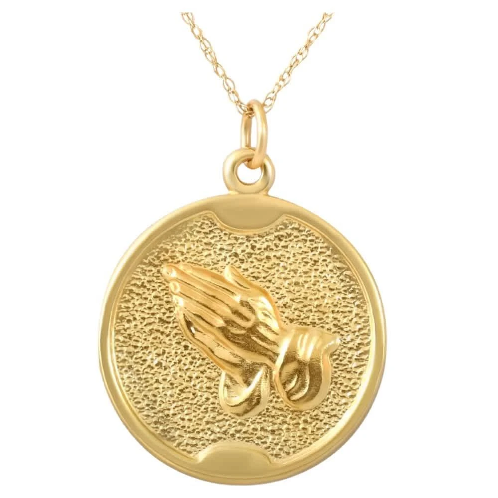 Pompeii3 14k Yellow Gold Prayer Hands Medal Pendant .5" Tall 2.5 Grams