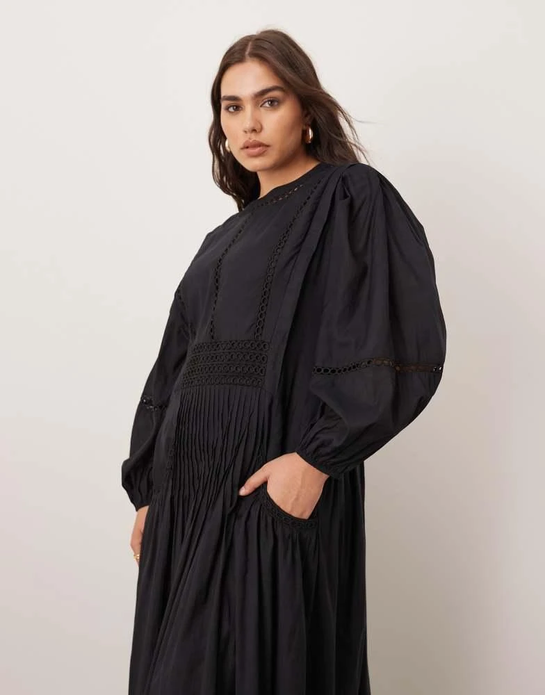 ARRANGE ARRANGE Curve cotton voile maxi dress with lace trim in black 2