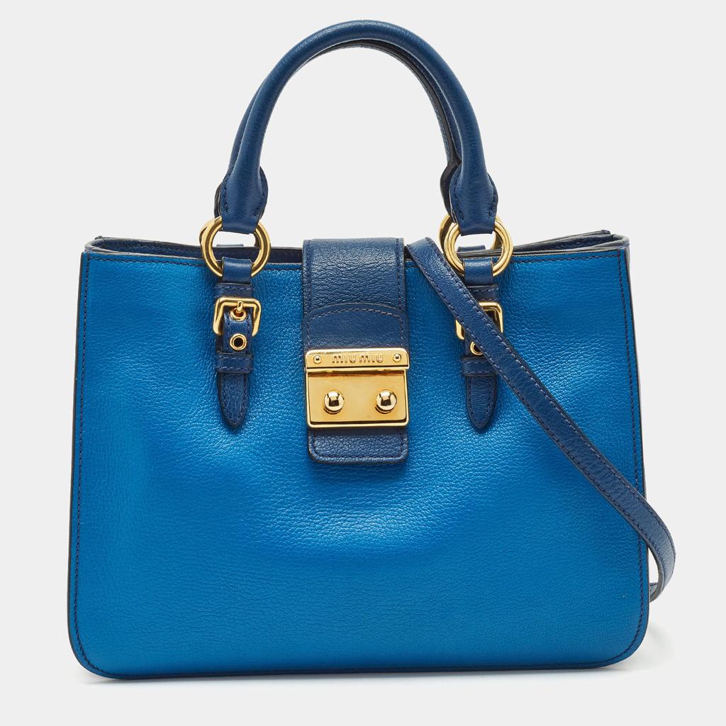 Miu Miu Two Tone Blue Madras Leather Pushlock Tote – On Sale Now