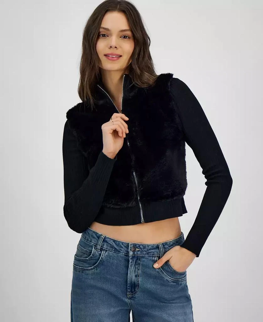 Ultra Flirt Juniors' Faux-Fur-Trim Zip-Front Cardigan 1