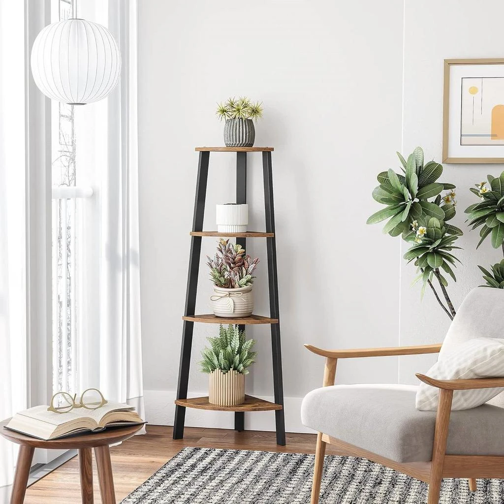QuikFurn Narrow 3-Shelf Corner Shelving Unit Plant Stand Bookcase in Brown Black Wood 2