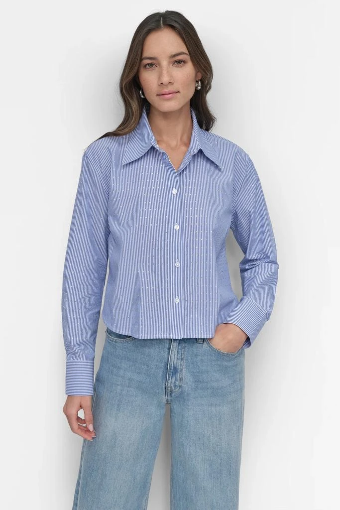 DKNY STRIPED POPILIN STUDDED RHINESTONE TOP 1