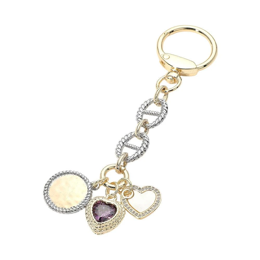 FASHNZFAB 14K Gold Plated CZ Double Heart Coin Charm Drop Keychain Bag Charm 3