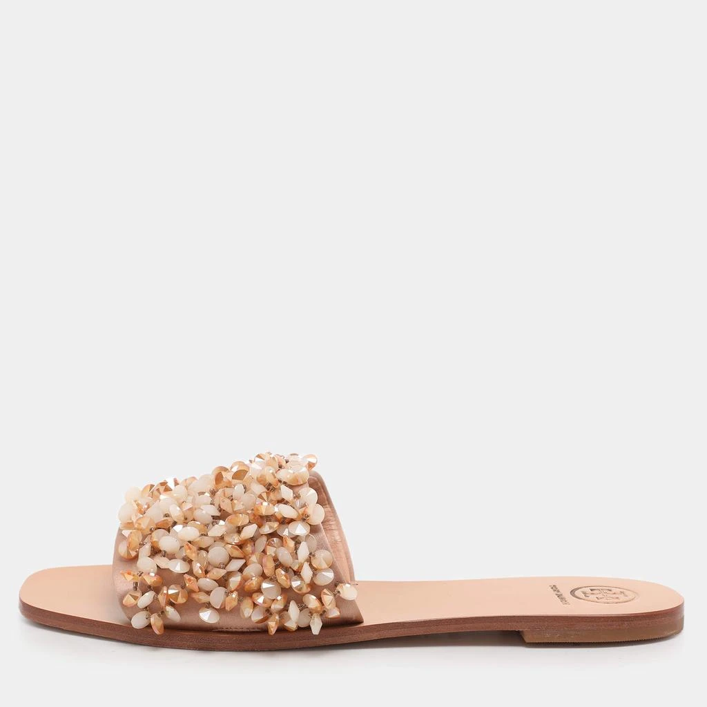 Tory Burch Tory Burch Beige Satin Embellished Logan Slide Sandals Size 39.5 1