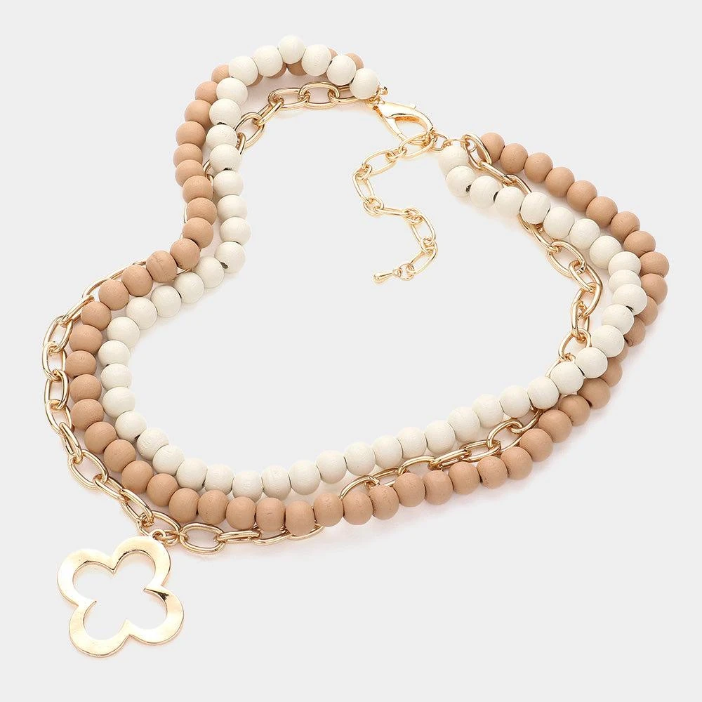 FASHNZFAB Open Quatrefoil Pendant Pointed Wood Metal Chain Layered Necklace 2