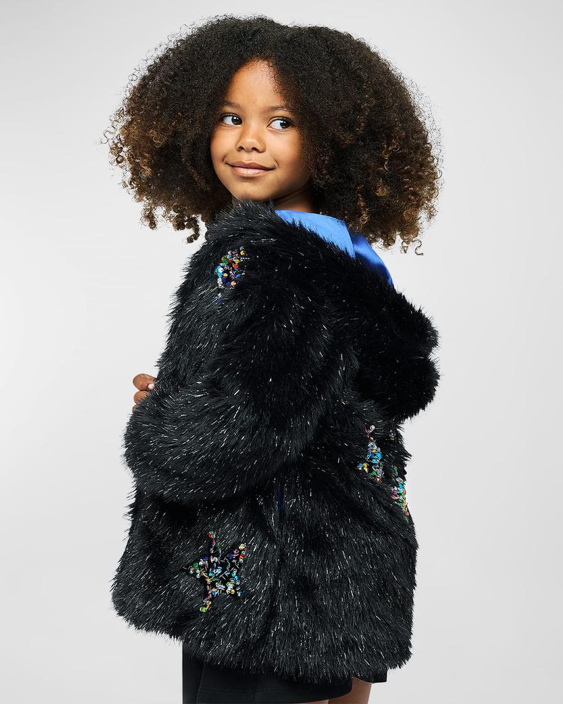Hannah Banana Girl's Embellished Star-Print Faux Fur Jacket, Size 4-10