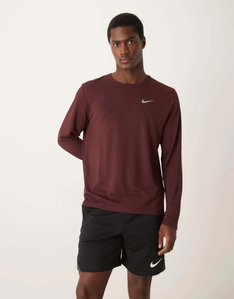 NIKE Nike Running Miler Dri-FIT long sleeve t-shirt in burgundy 1