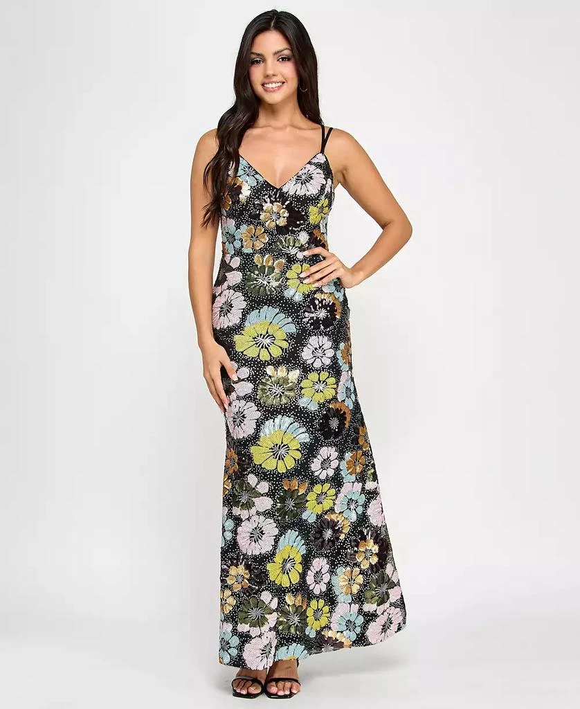 Morgan & Company Juniors' Floral Sequin V-Neck Sleeveless Gown 4