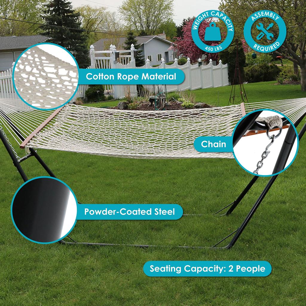 Sunnydaze Cotton Double Wide 2-Person Rope Hammock with Spreader Bars and Multi-Use Steel Stand - 450 lb Weight Capacity - White