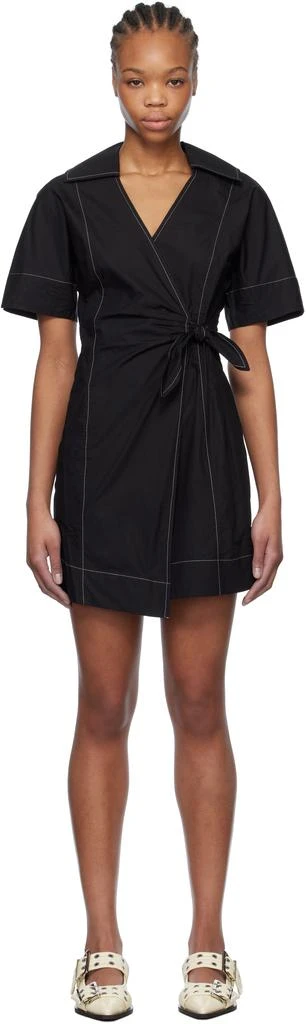 Ganni Black Cotton Poplin Wrap Minidress 1
